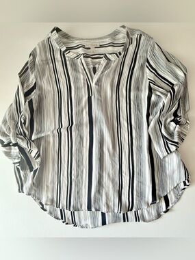 Striped V-Neck Roll-Sleeve Blouse - White & Black